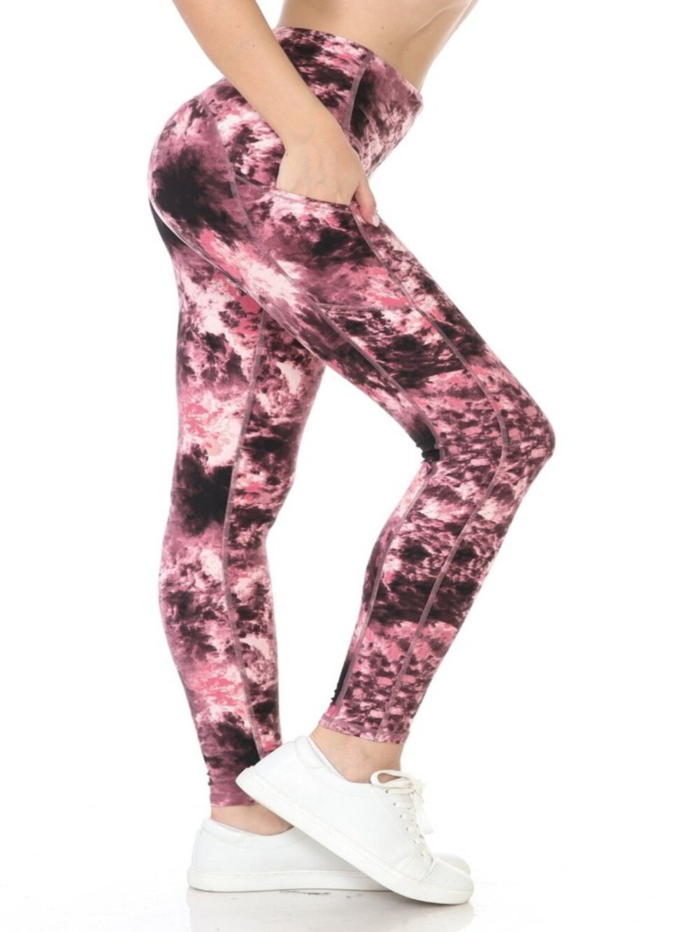Women's Premium Detail Active Full-Length Leggings w/Pockets Pink Tie Dye 1X-3X